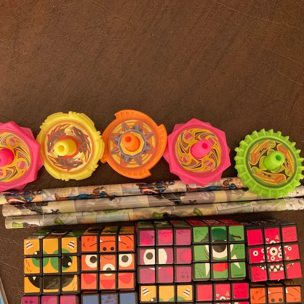 Assorted Kids Party Favors - Stickers, Tattoos, Pencils, Tops, Rubic Cubes